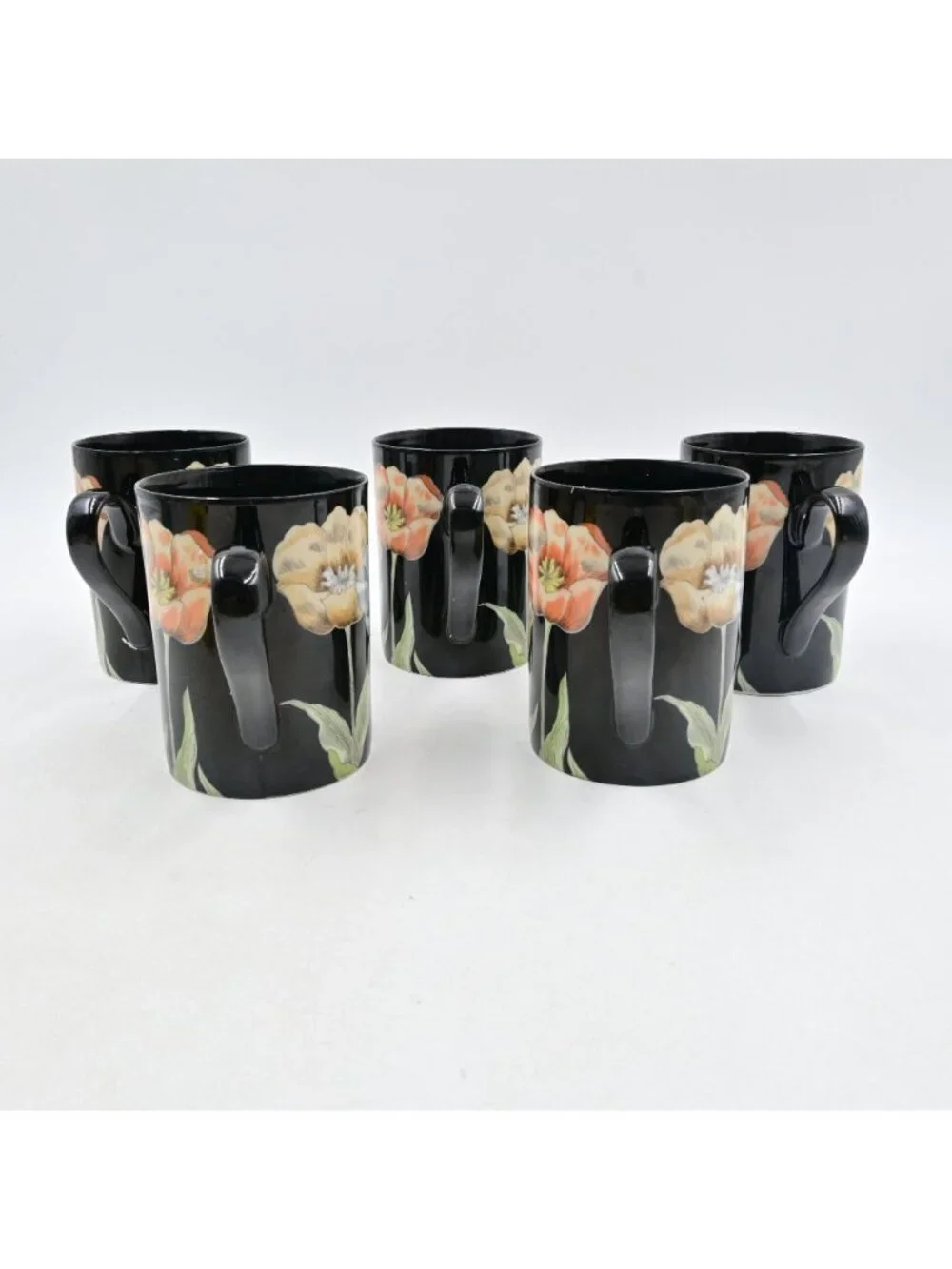 Fitz & Floyd Midnight Poppy Black Ceramic Floral Coffee Mugs Set Of 5